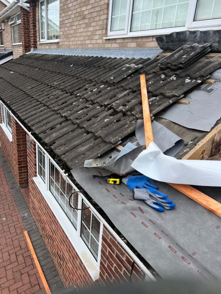 This is a photo of a pitched roof which is being repaired. The existing roof was leaking badly. Works carried out by Atherstone Roofing Repairs